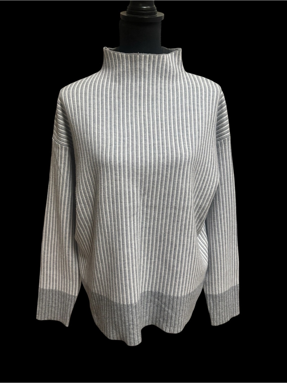 Christian Siriano Gray and White Striped Ribbed Knit Mock Neck Sweater Size L